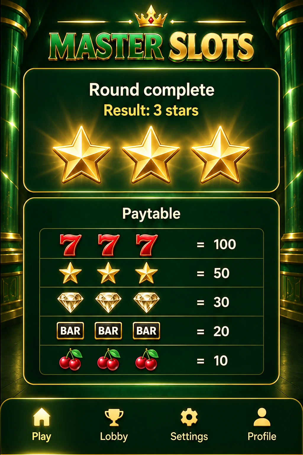 A completed round original Master Slots game illustration